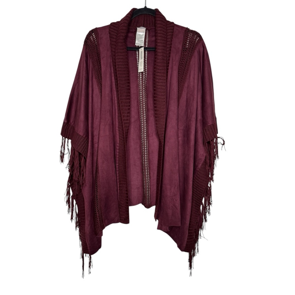 Chicos women's one size fringe velvet midi open cardigan poncho boho western
